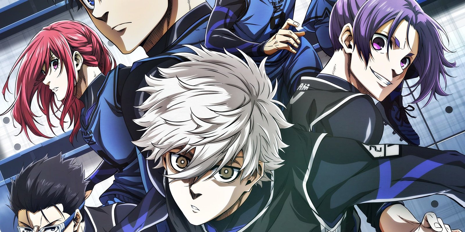 Poster for Blue Lock episode Nagi depicting Nagi and other characters charging toward the screen in their uniforms.
