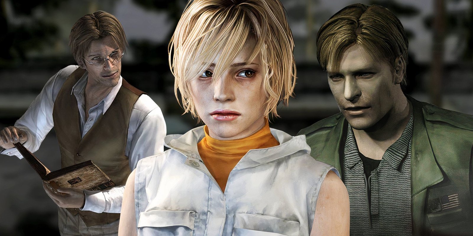 Silent Hill 3's Heather, SH2's James and SH3's Vincent up-close on a background from SH2.