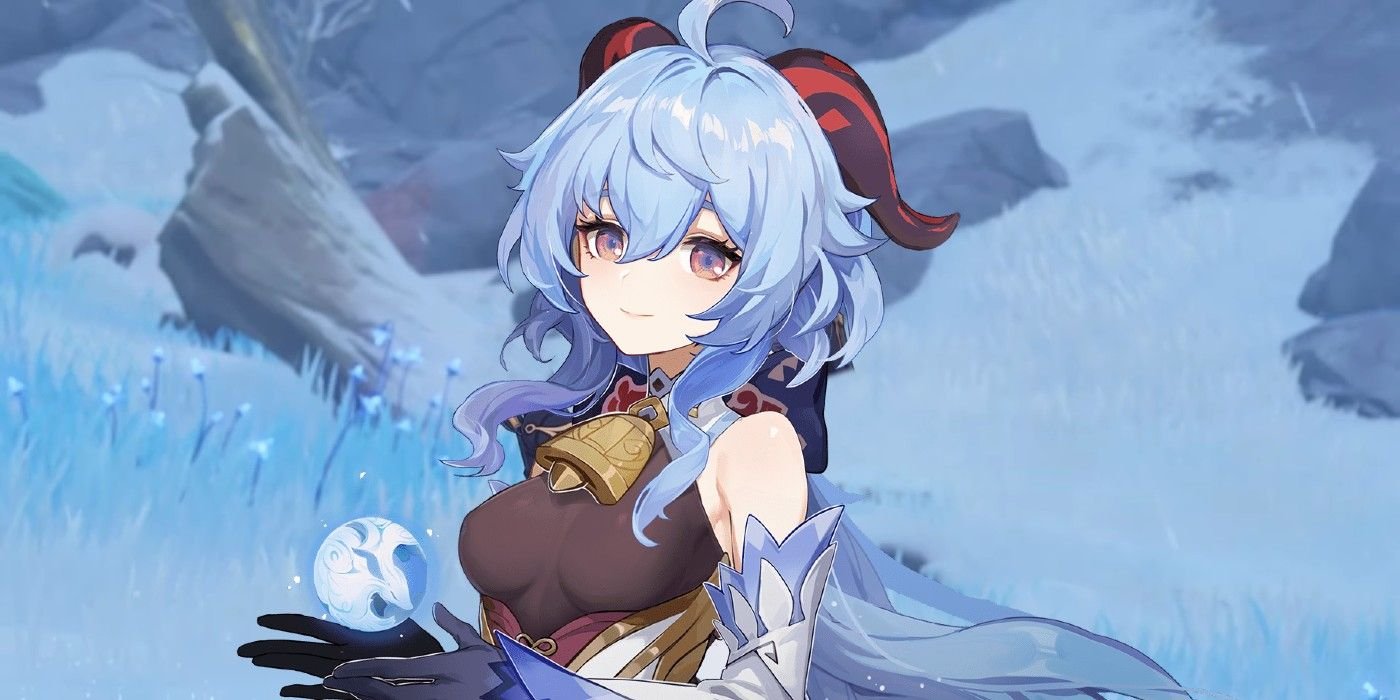 Cryo user Ganyu holding an ice ball in Dragonspine in Genshin Impact.