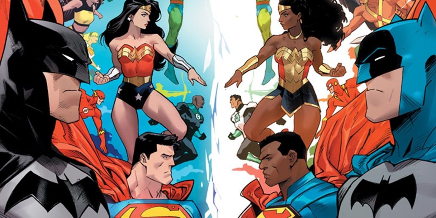 10 Best New 52 Comics That DC Fans Should Still Read Today 4 Comic book art: the traditional Justice League meets their counterparts from the Multiverse.