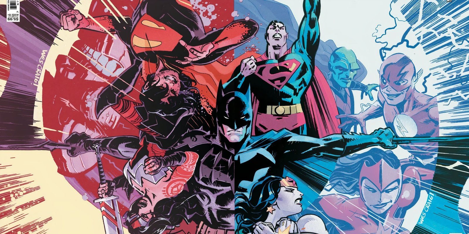 Justice League's Heroes Switch Powers in Long-Term Shake-Up of DC Continuity 3 Comic book art: Batman and the Justice League from the DC Universe and the Absolute Universe.