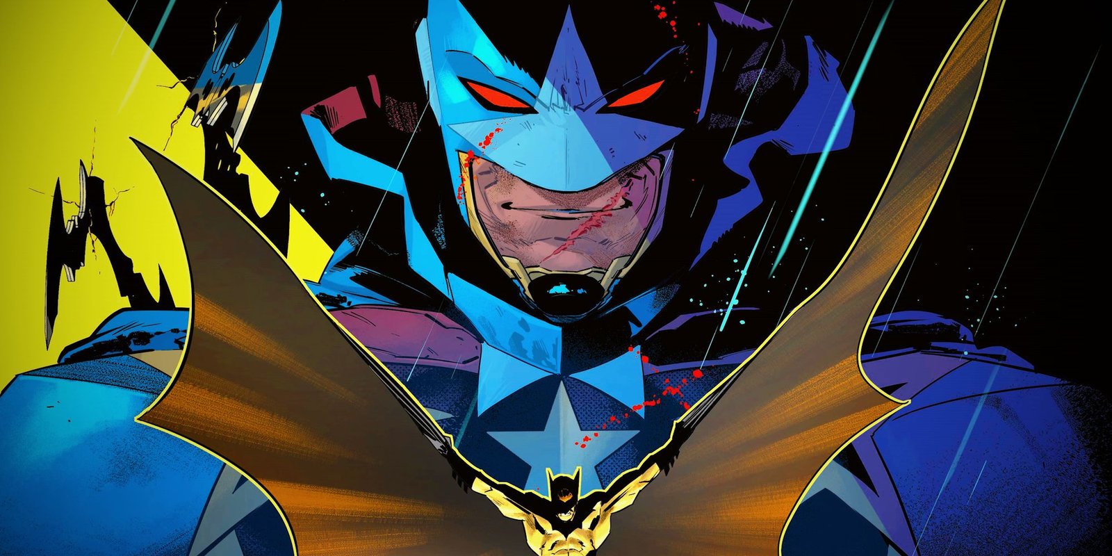 Comic book art: Commander Star smirks menacingly over a small version of Batman with his cape spread wide.