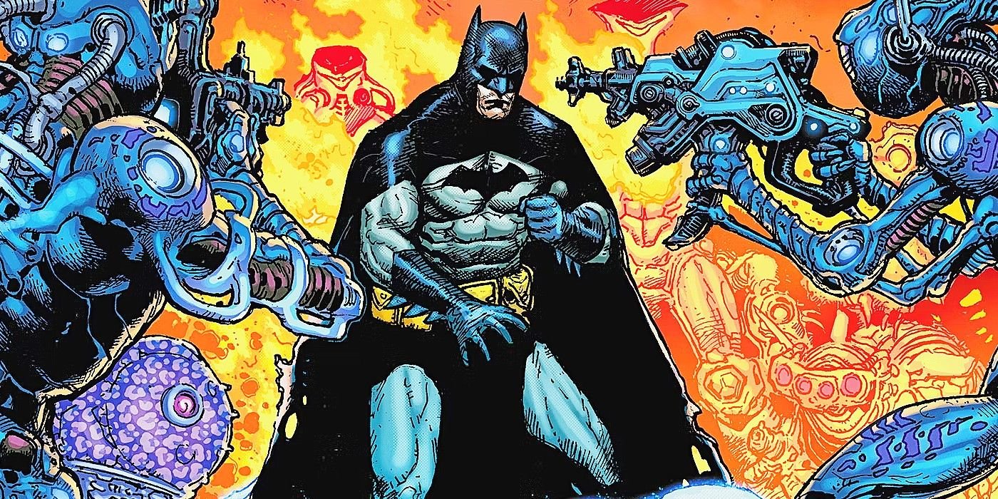 Comic book art: Batman prepares to fight aliens with guns in the middle of a fire.