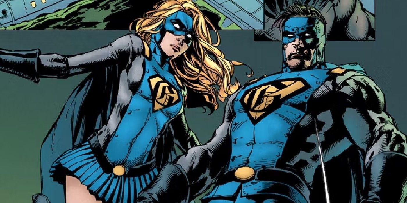 Comic book panel: Gotham and Gotham Girl pose together in their blue costumes.