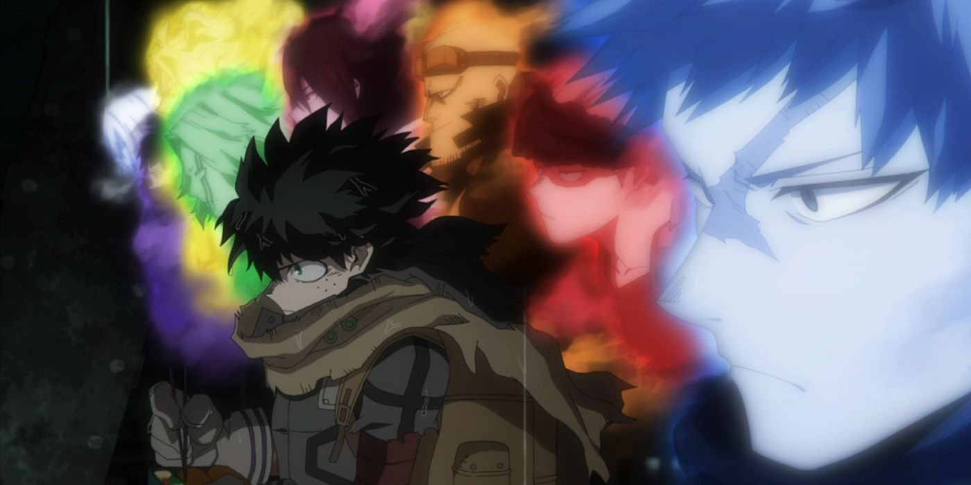 Dark deku with the vestiges of the previous users on One For All behind him