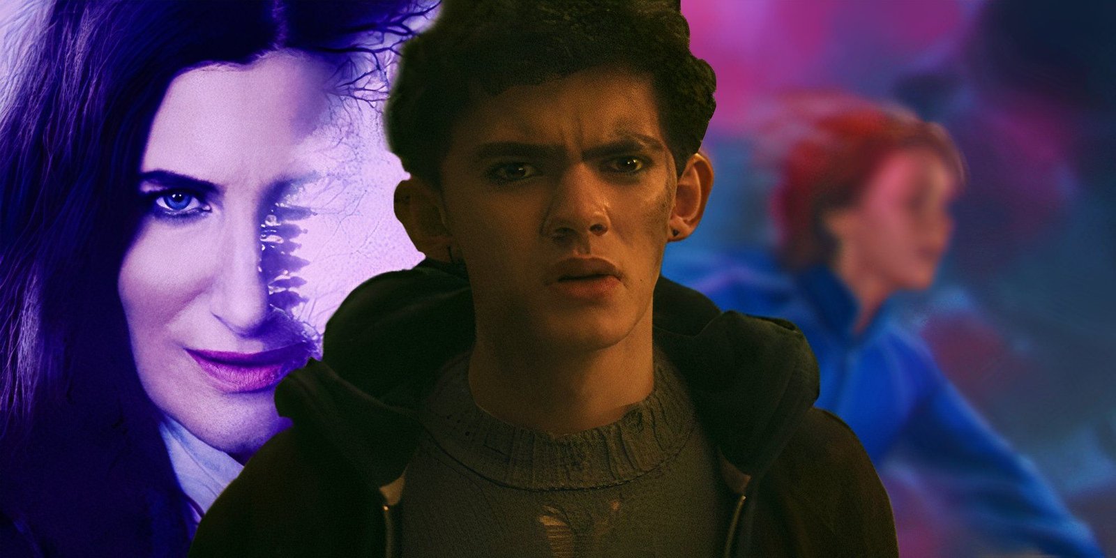 Marvel Officially Confirms Scarlet Witch Died In Doctor Strange In The Multiverse Of Madness 4 Joe Locke as Billy Maximoff in Agatha All Along episode 6 (2024) between the poster for the show and blurred concept art of the MCU's Speed from WandaVision (2021)