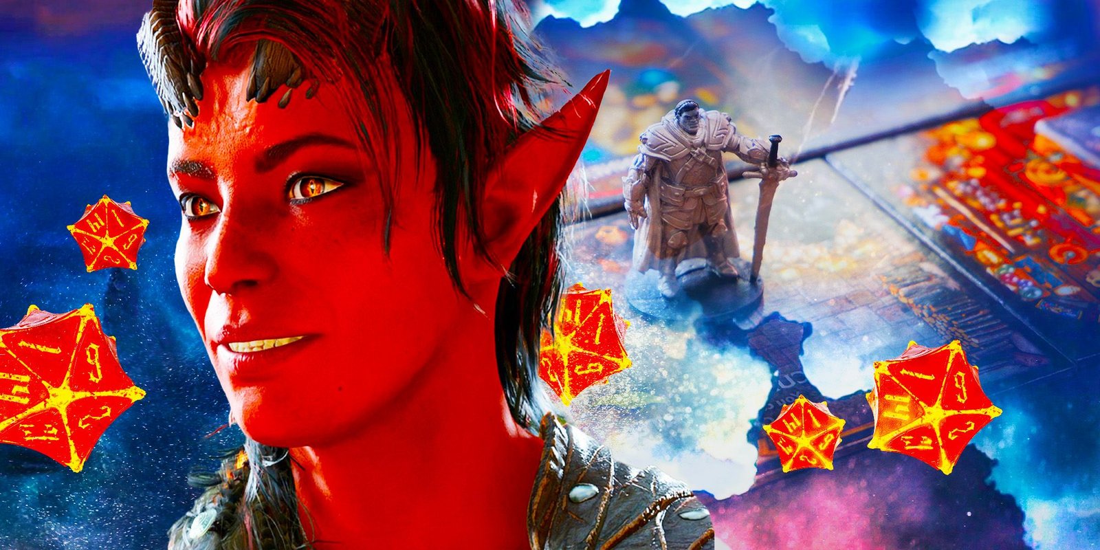Karlach from Baldur's Gate 3 surrounded by red dice with a board game figure behind her. 