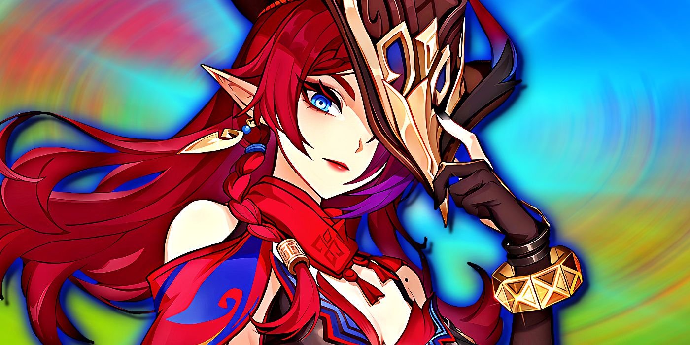 Genshin Impact's Chasca holds onto her hat.