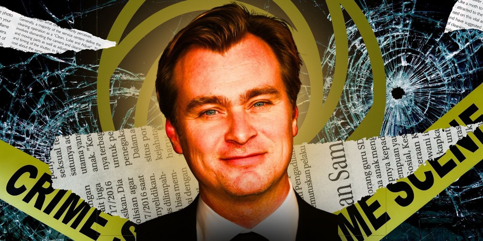 Christopher Nolan’s Rumored Next Movie Genre Shouldn’t Be Surprising After Oppenheimer’s $975 Million Success 3 Christopher Nolan in front of shattered glass, torn newspapers, and crime scene tape