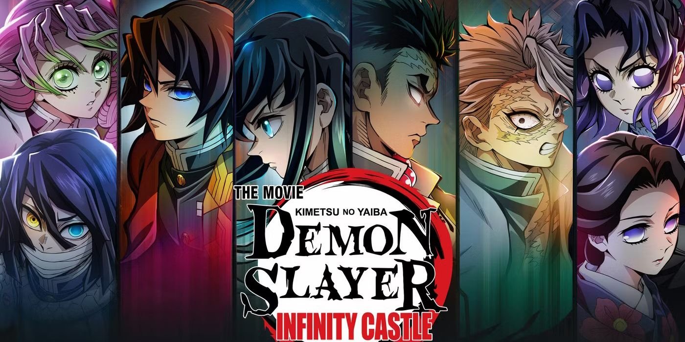 Demon Slayer's Mitsuri Gets A Rare Moment Of Contemplation In Gorgeous New Cosplay Photo Shoot 2 Image of the Hashira around the logo for the Demon Slayer: Infinity Castle movies, taken from the poster.