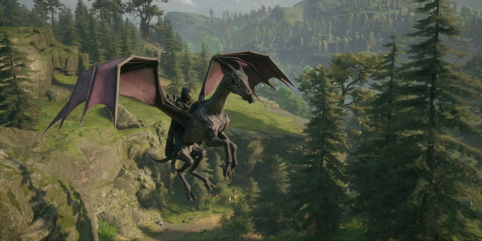 hogwarts legacy player flying on a thestral mount