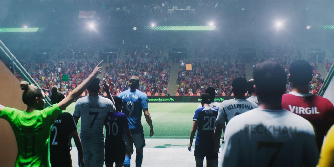 Konami Has Officially Replaced EA As FIFA's New Esports Partner 2 A group of soccer players take the field at night, facing the glow of the lights on the pitch and a teeming, cheering crowd.