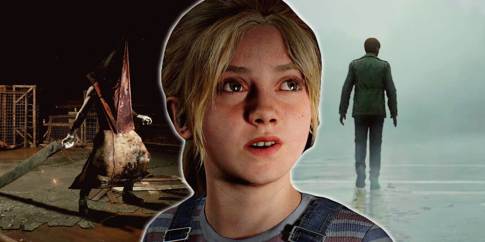 New Silent Hill 2 Players, Don't Be Fooled By Pyramid Head 2 Silent Hill 2 Remake Screenshots of concerned looking girl with man walking away and pyramidhead in the background.