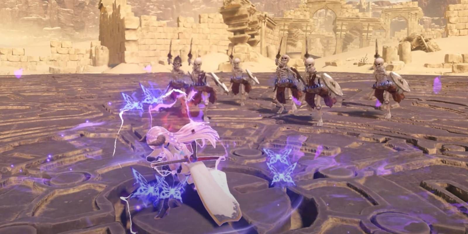Granblue Fantasy: Relink Narmaya about to unleash butterfly slash attack against horde of skeleton enemies.