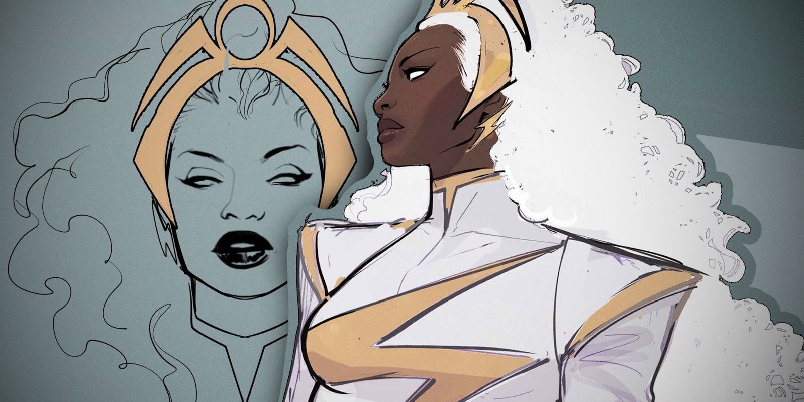 A sketch of Storm wearing a gold headband (left, background) and Storm wearing her new costume (foreground, color)