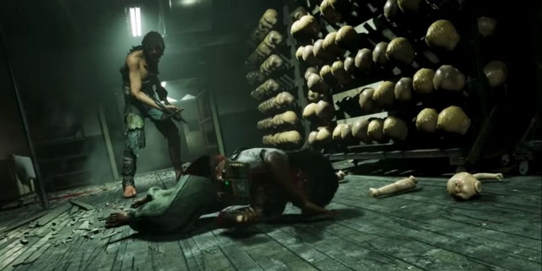 A character on the ground, with another one standing over them in The Outlast Trials.