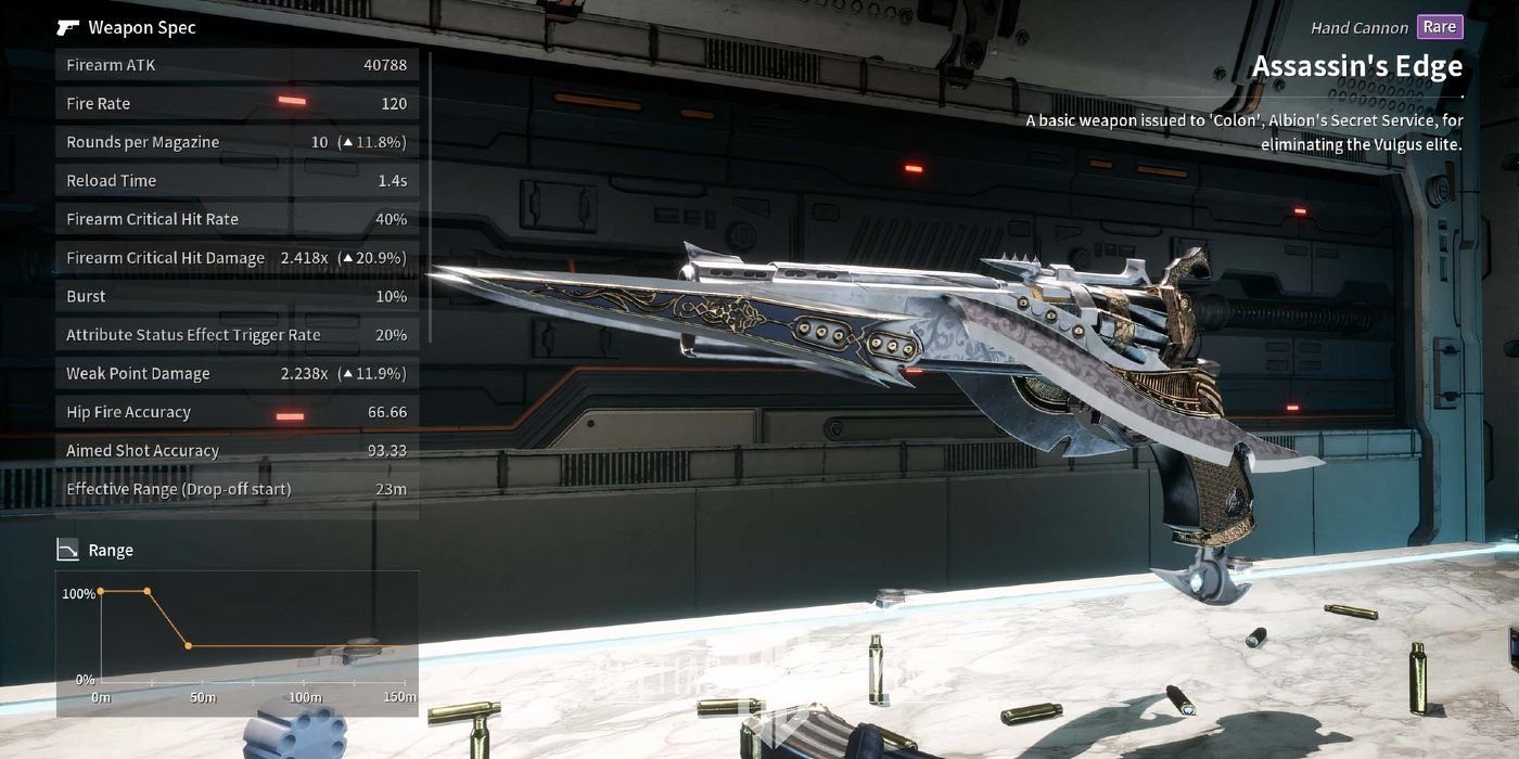 Snapshot of the Assassins Edge hand cannon weapon in The First Descendant