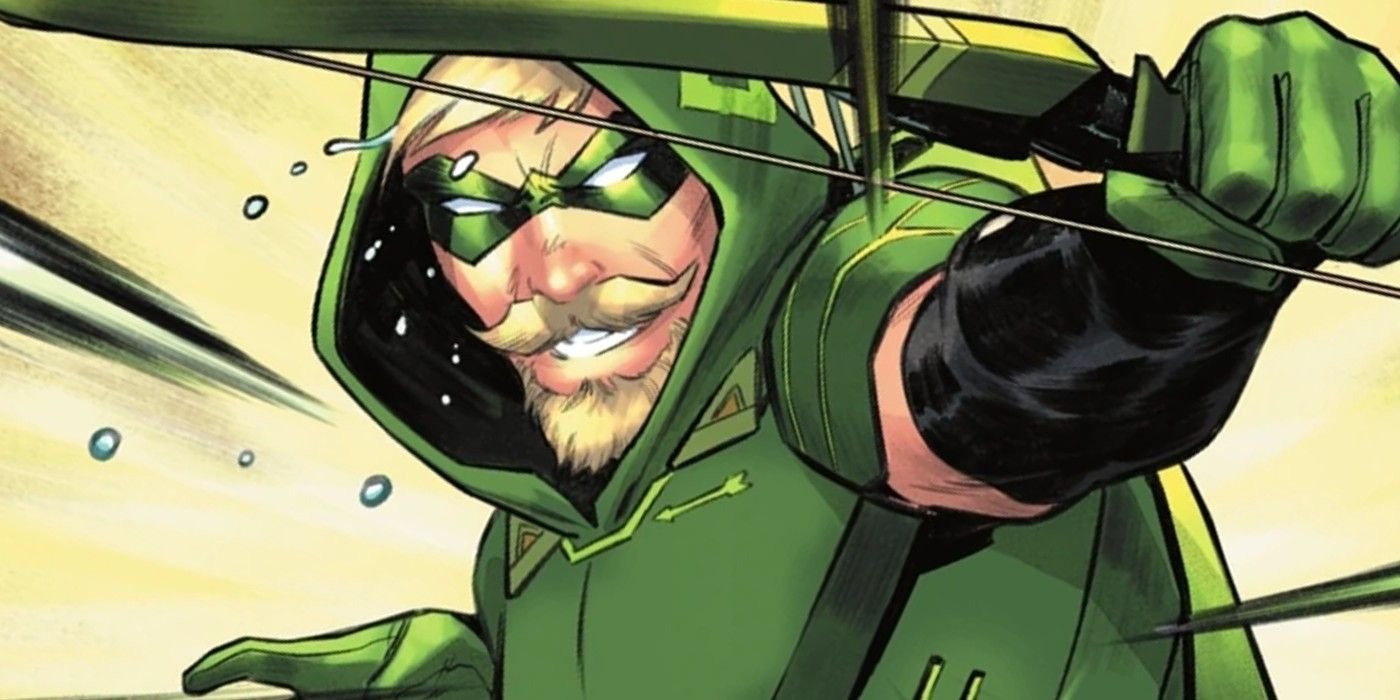 Close up of Green Arrow firing his bow, gritting his teeth as sweat drips from his brow.