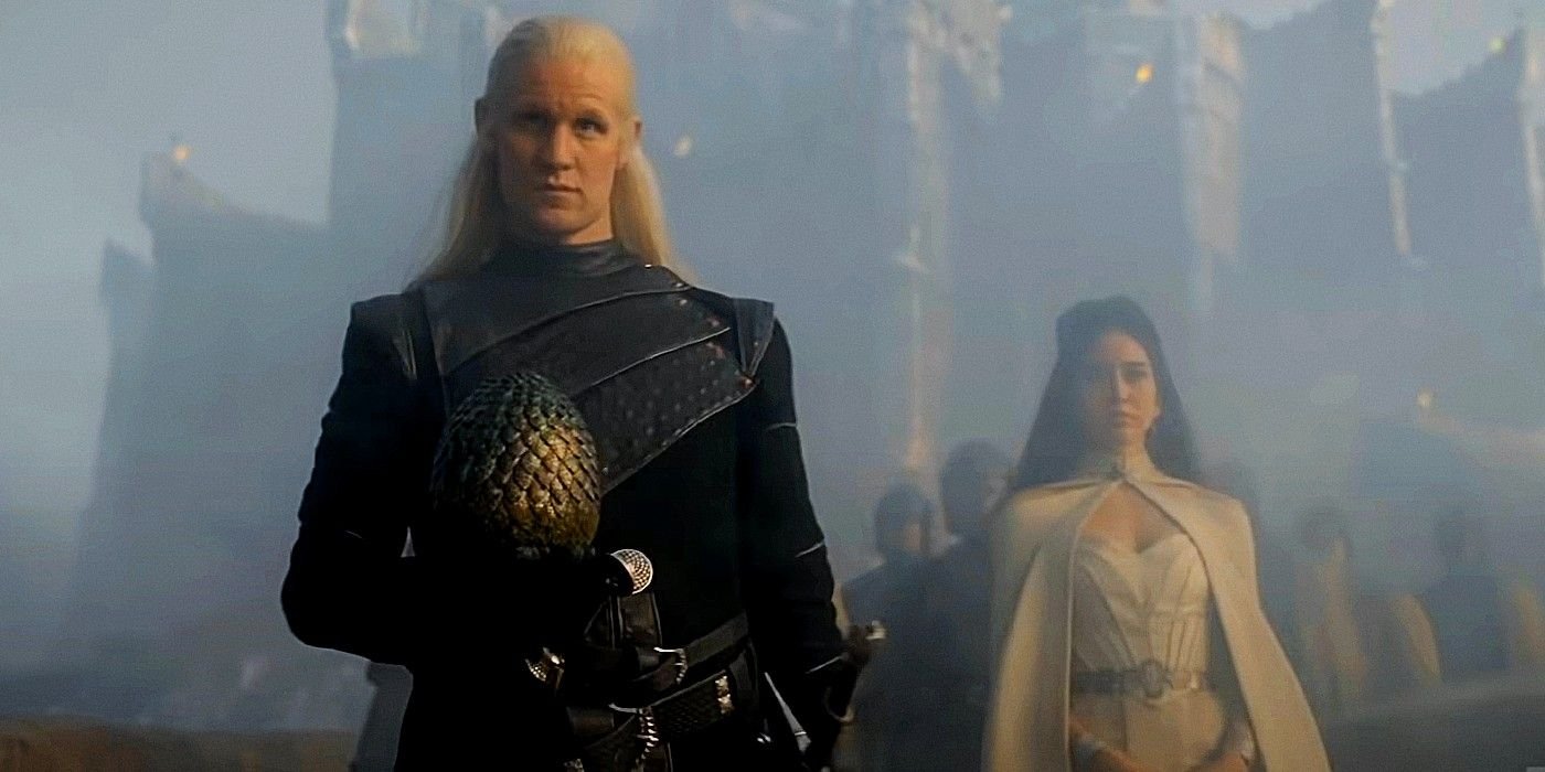 Matt Smith as Daemon Targeryen in House of the Dragon holding an egg