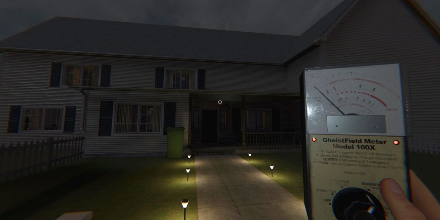 Player standing outside one of the homes in Phasmophobia holding up an EMF reader-1