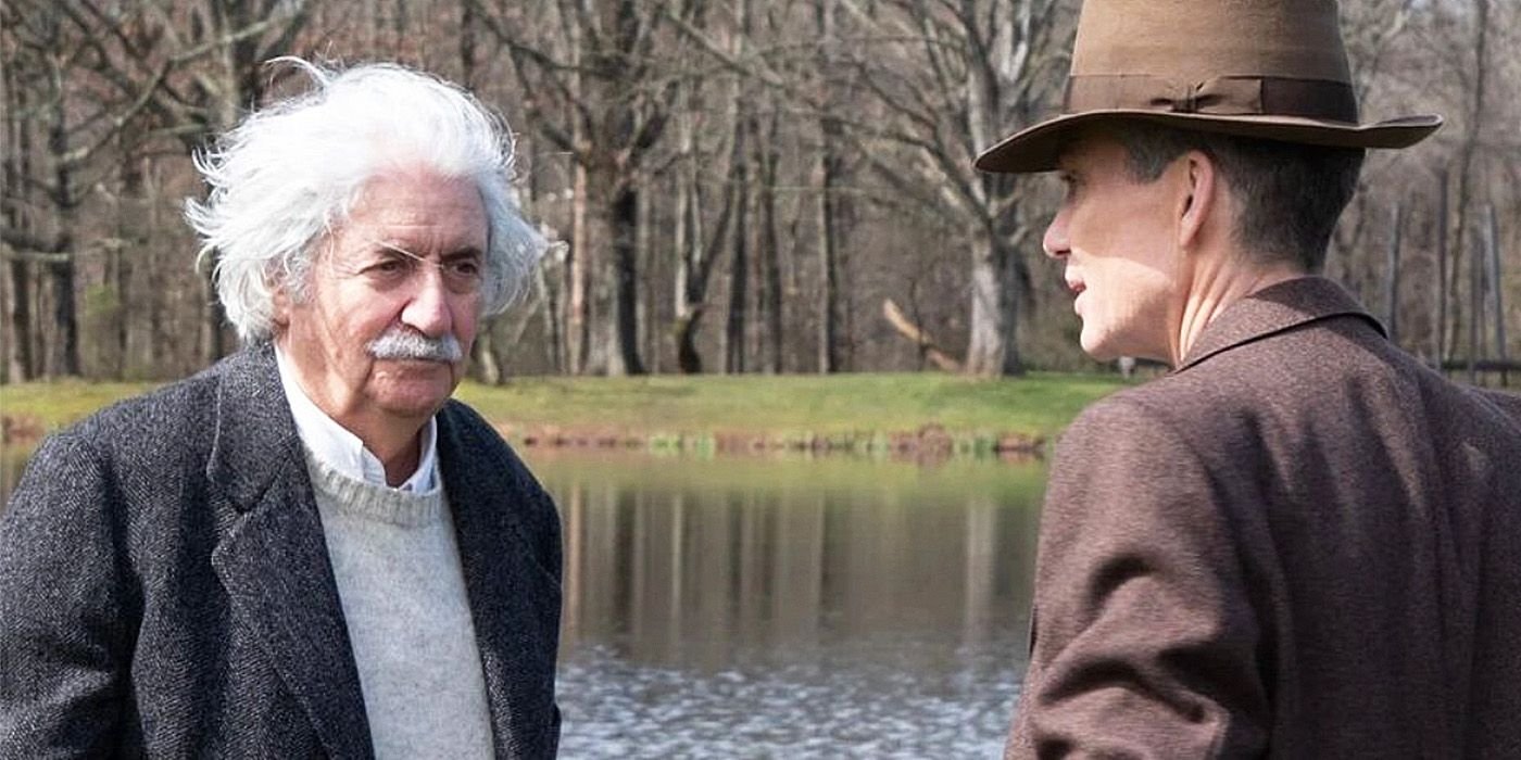 Oppenheimer (Cillian Murphy) & Einstein (Tom Conti) talking in Oppenheimer