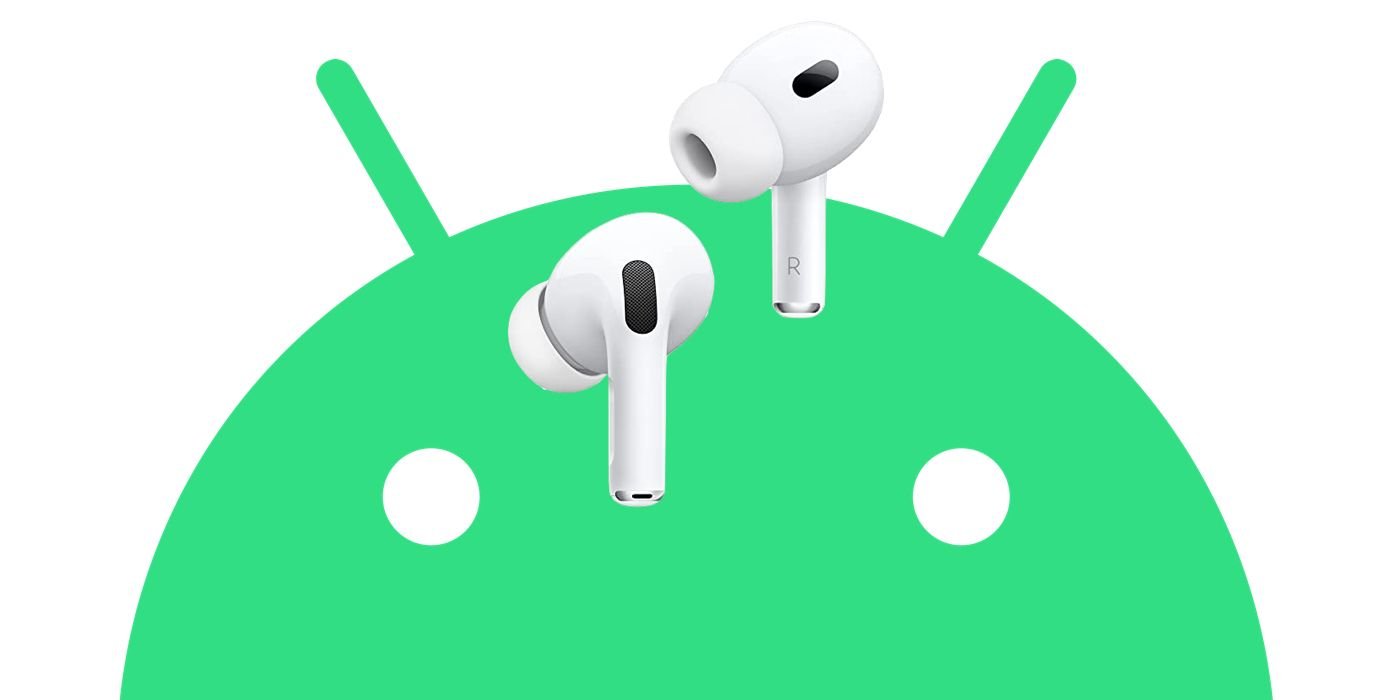 The Android logo with a pair of AirPods 2 Pro earbuds on top