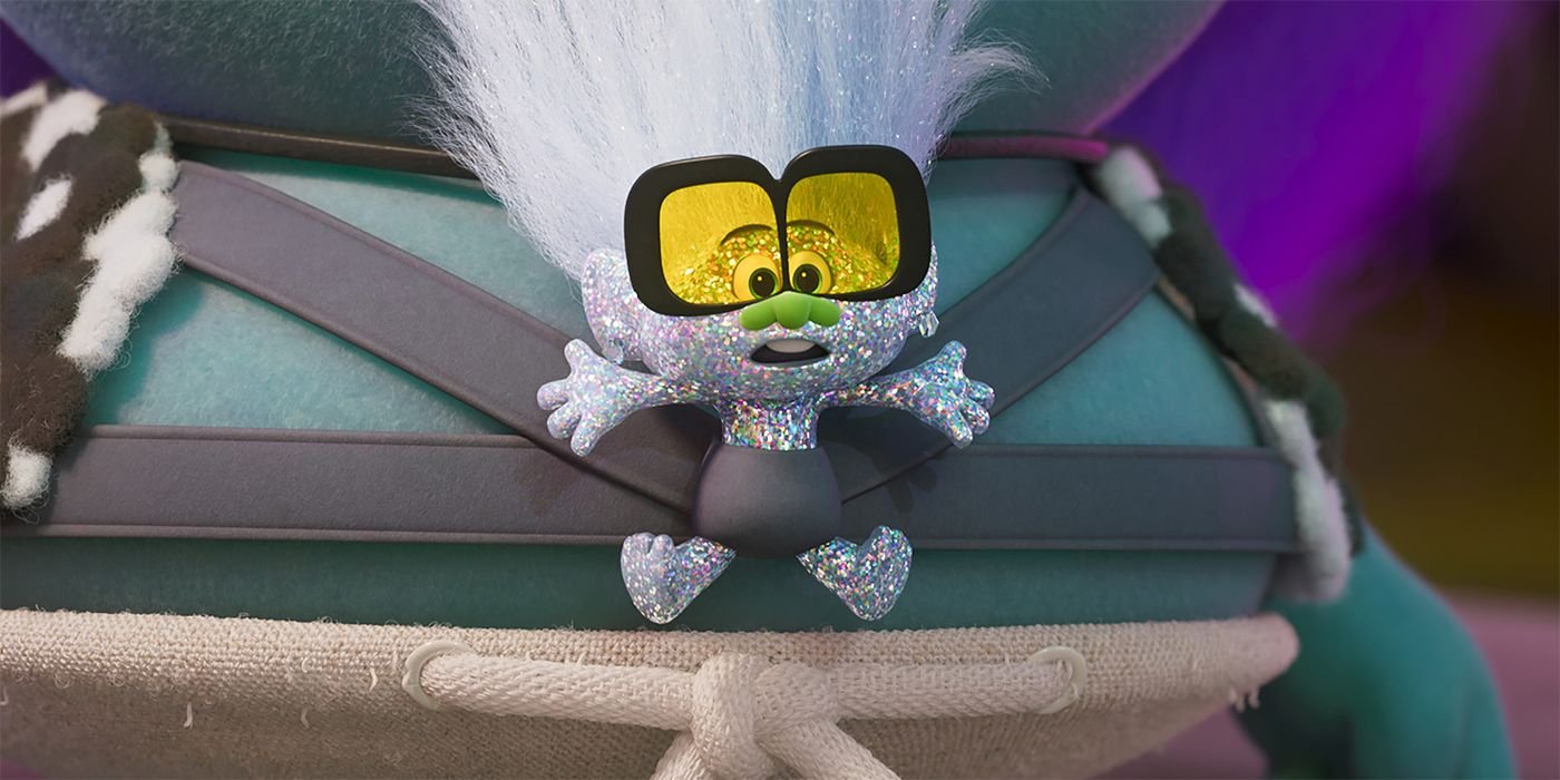 Tiny Diamond raising his hands and eyebrows in Trolls Band Together.