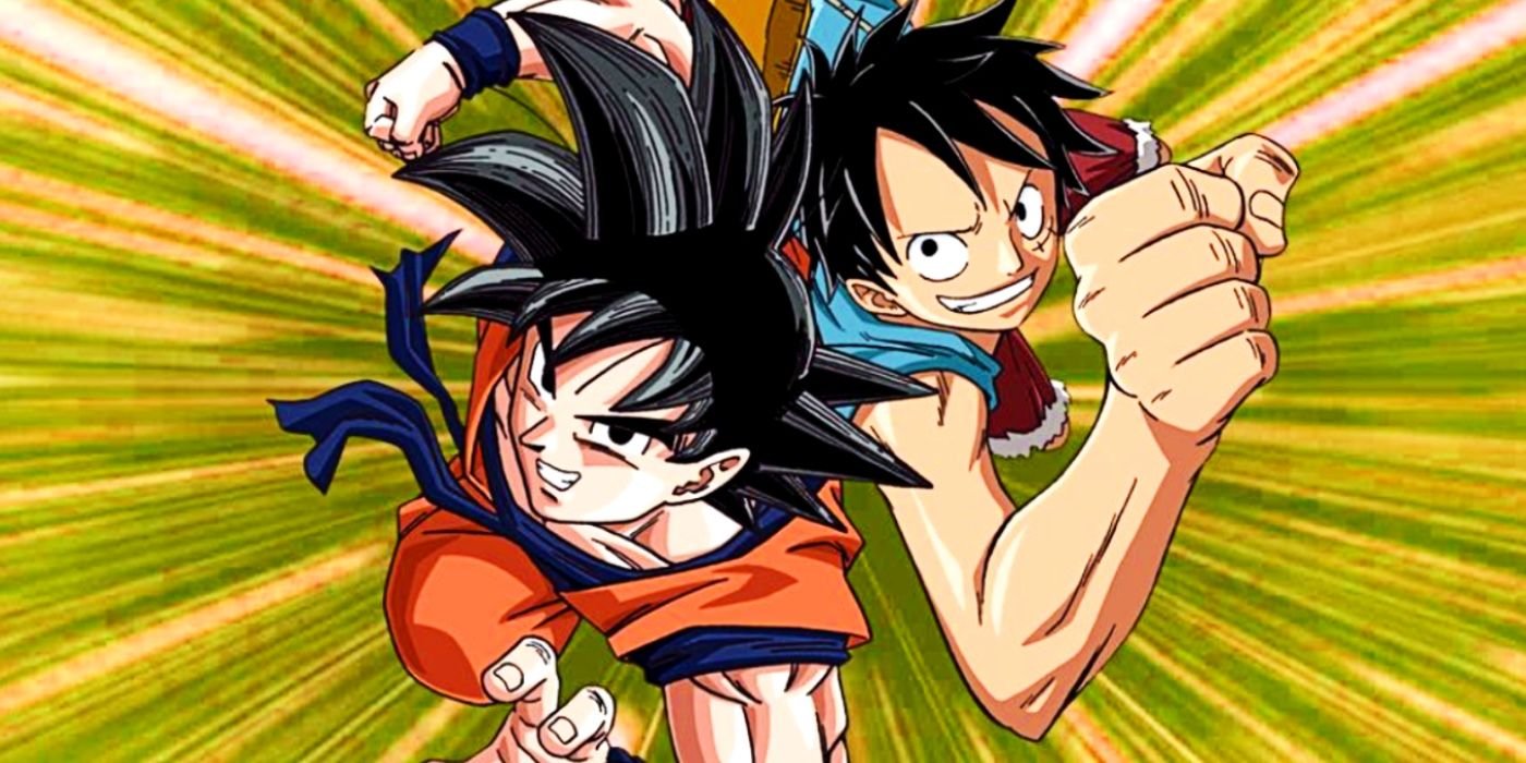 Goku and Luffy jumping towards the screen together