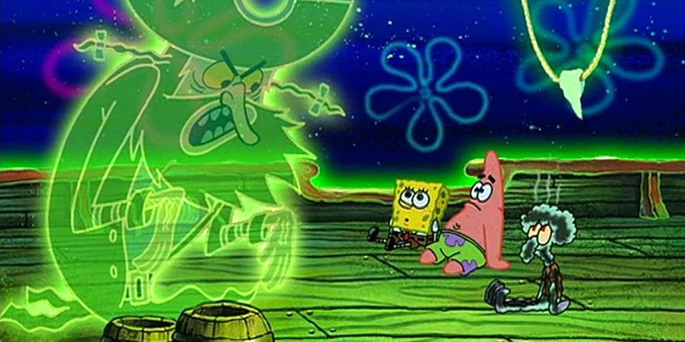 SpongeBob, Patrick and Squidward on the Flying Dutchman's boat in SpongeBob Squarepants