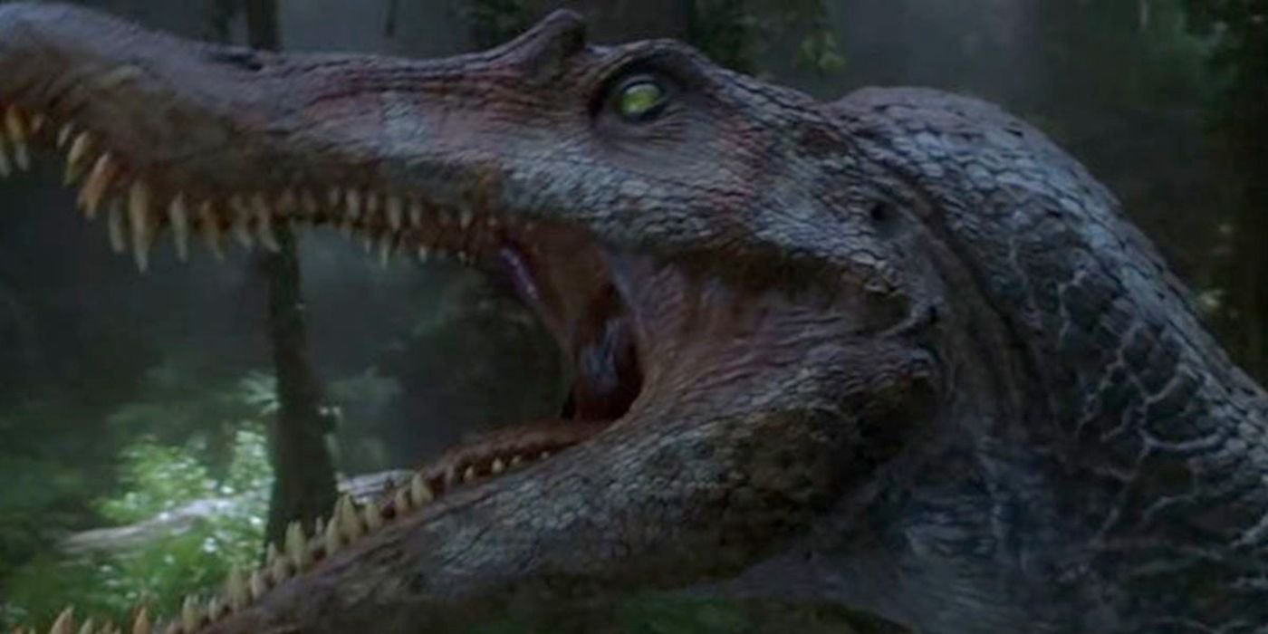 The Jurassic Park 3 Spinosaurus in profile with its jaw open