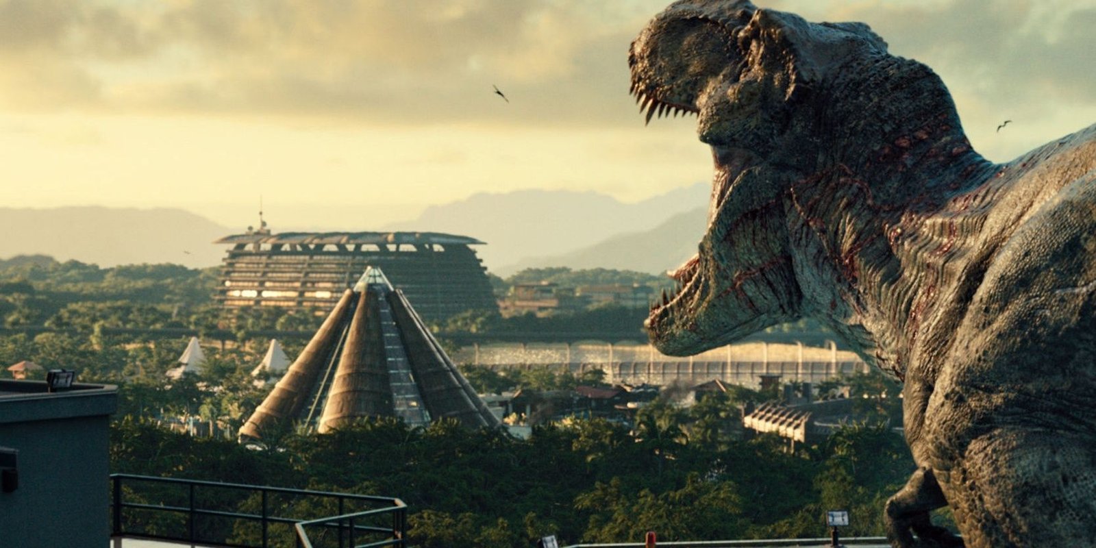 T-rex roaring in Jurassic World 2015 .