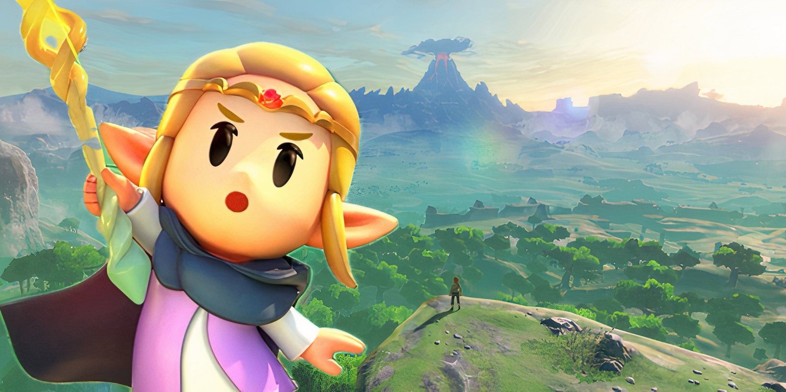 The Legend of Zelda: Echoes of Wisdom Review 4 Princess Zelda from The Legend of Zelda: Echoes of Wisdom wields the Tri-Rod over a backdrop of Hyrule from Breath of the Wild
