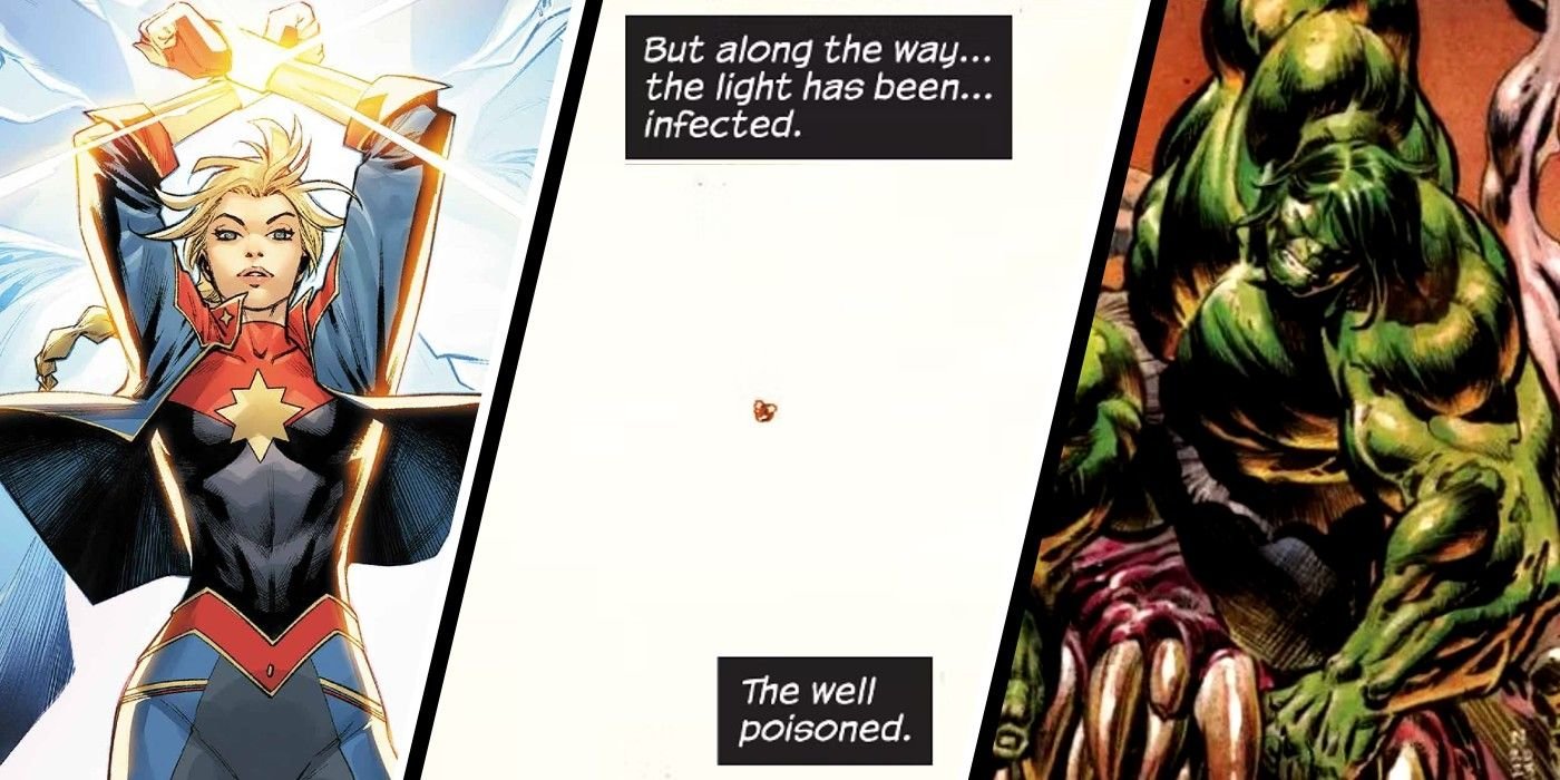a triptch with captain marvel, hulk, and something dark growing inside the sun