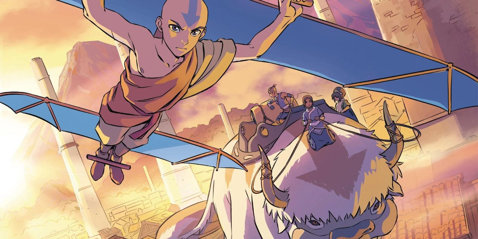 Aang glides through the air while Katara, Toph and Sokka follow on Appa in the Avatar: The Last Airbender comic book series