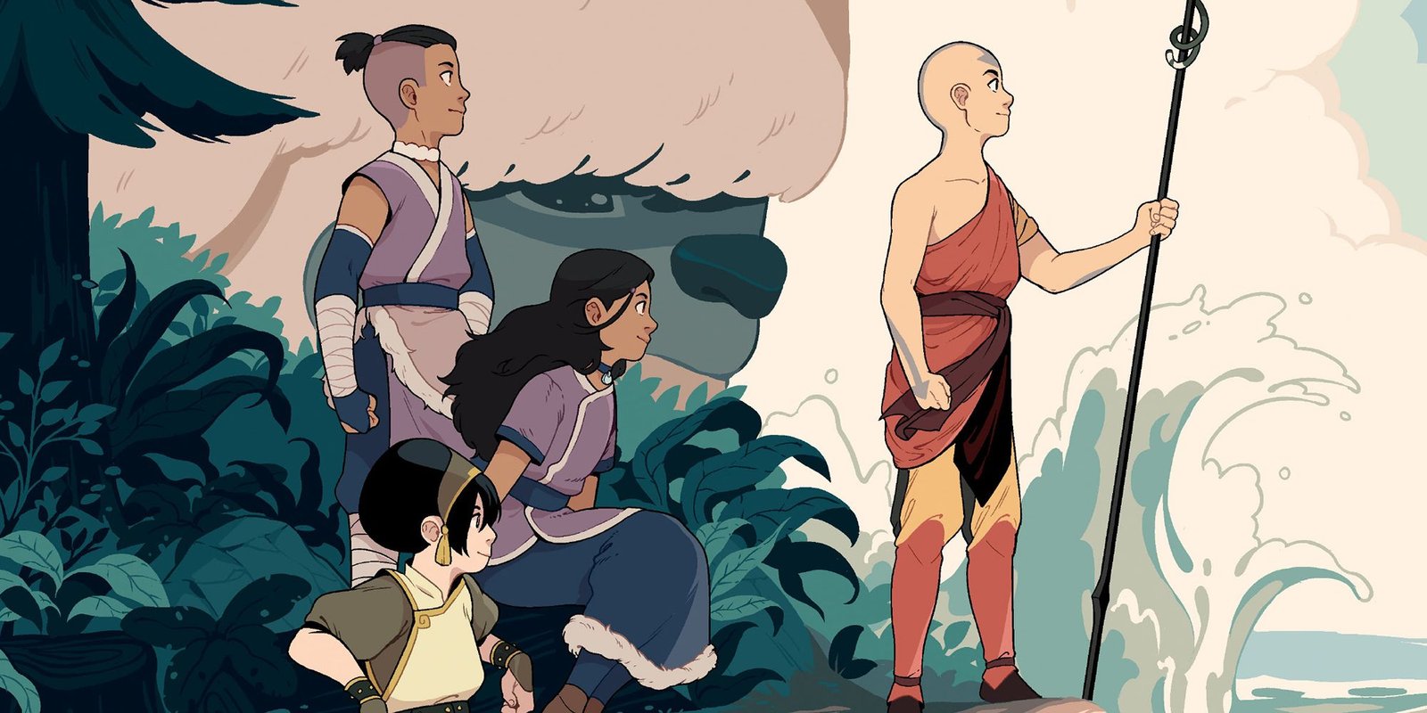 Avatar the Last Airbender illustration of Aang, Katara, Toph, and Sokka with Appa in the background