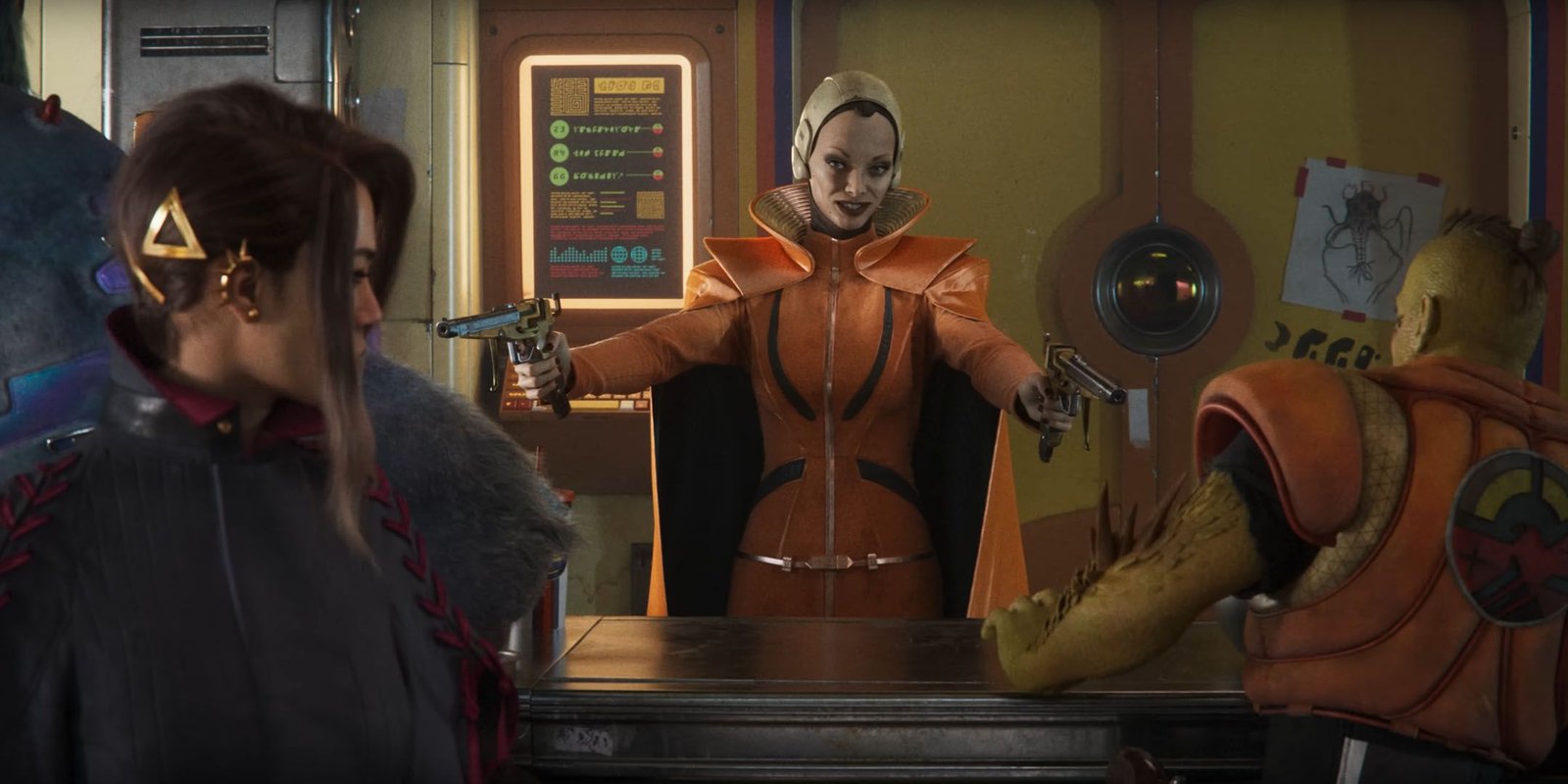Concord Characters Haymar and Lennox at a bar as a character points two guns at them.