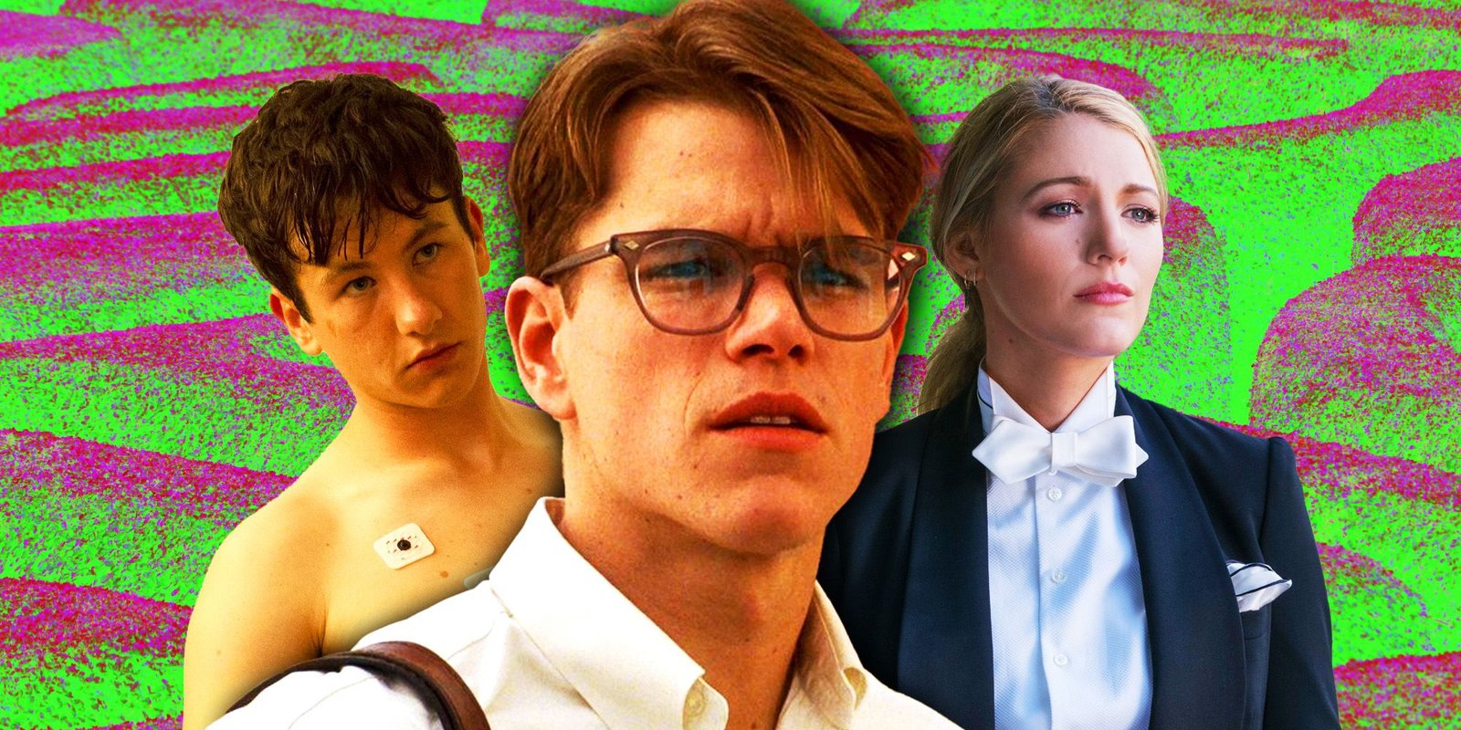 What Was Saltburn Really About? 5 Collage of movies like Saltburn: Barry Keoghan in The Killing of a Sacred Deer, Matt Damon in The Talented Mr. Ripley, and Blake Lively in A Simple Favor