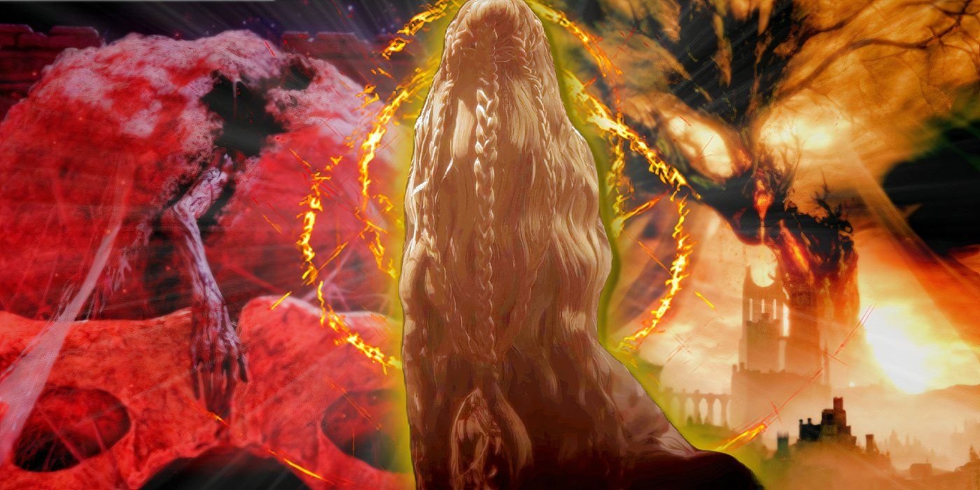 Elden Ring: Shadow of the Erdtree 41 Miquella long golden hair is seen in the center, with Miquella's arm in a cocoon to the left and the Erdtree to the right.