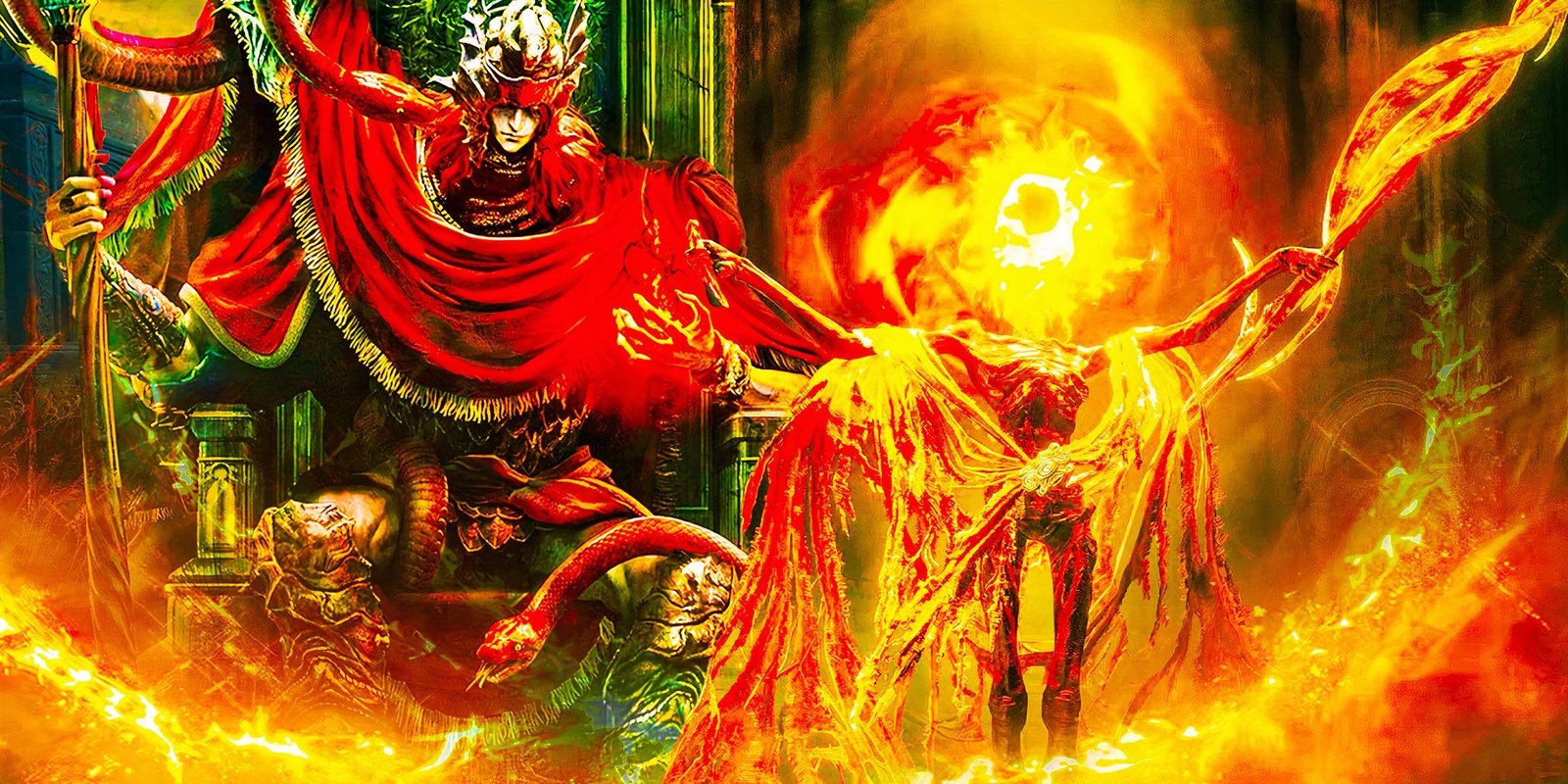 Elden Ring: Shadow of the Erdtree 39 Messmer stands next to the Lord of Frenzied Flame from Elden Ring Shadow of the Erdtree DLC.