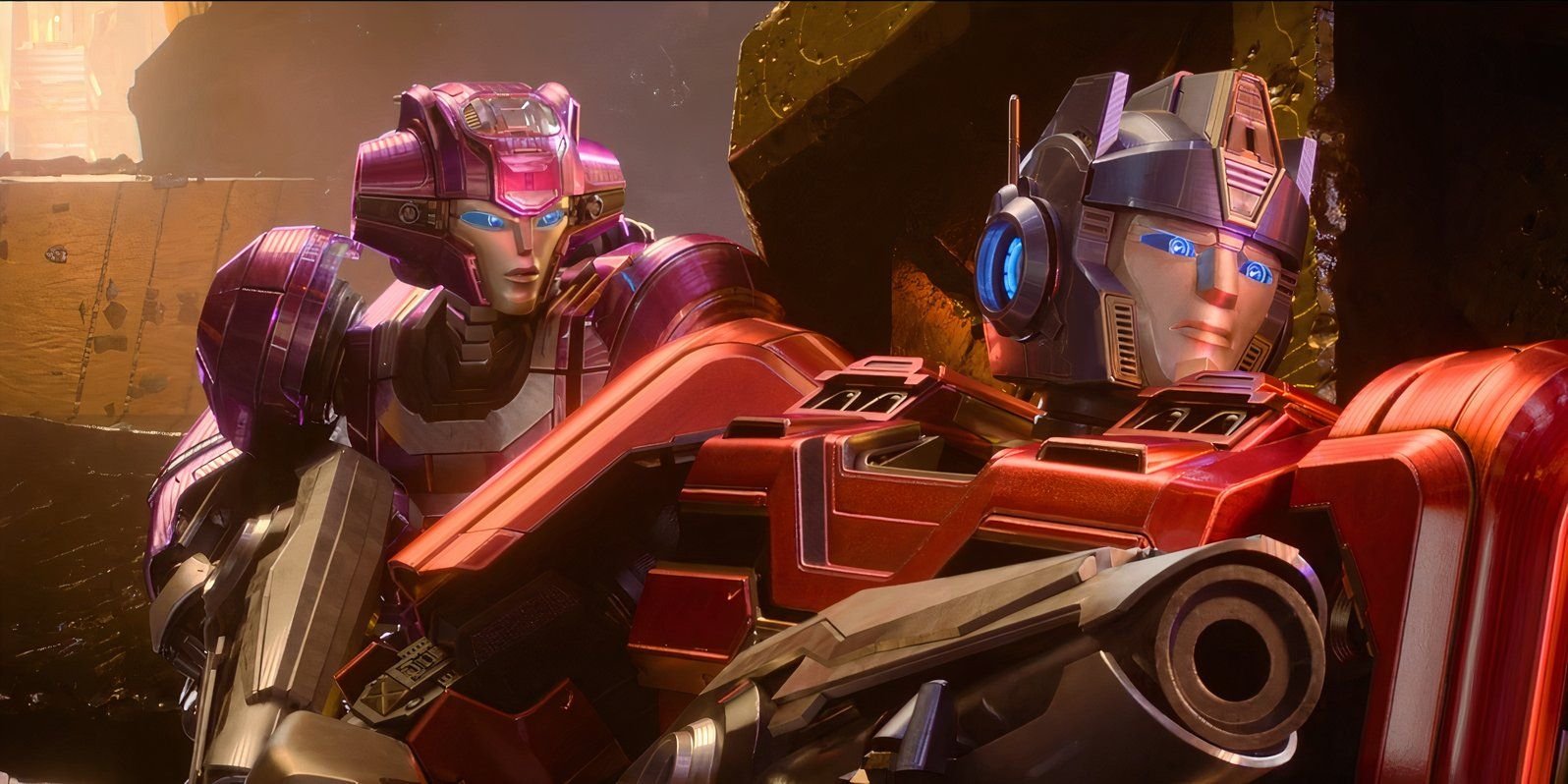 Optimus Prime and Elita holing Guns in Transformers One