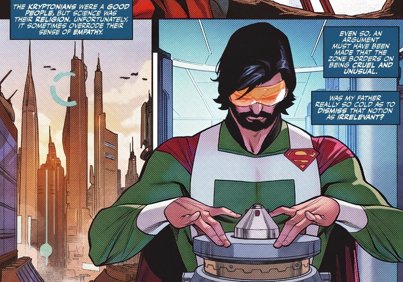 Comic book panel: Superman thinks about Jor-El discovering the Phantom Zone and wonders if his father was cold enough to dismiss the ethical implications of the Zone as a prison.