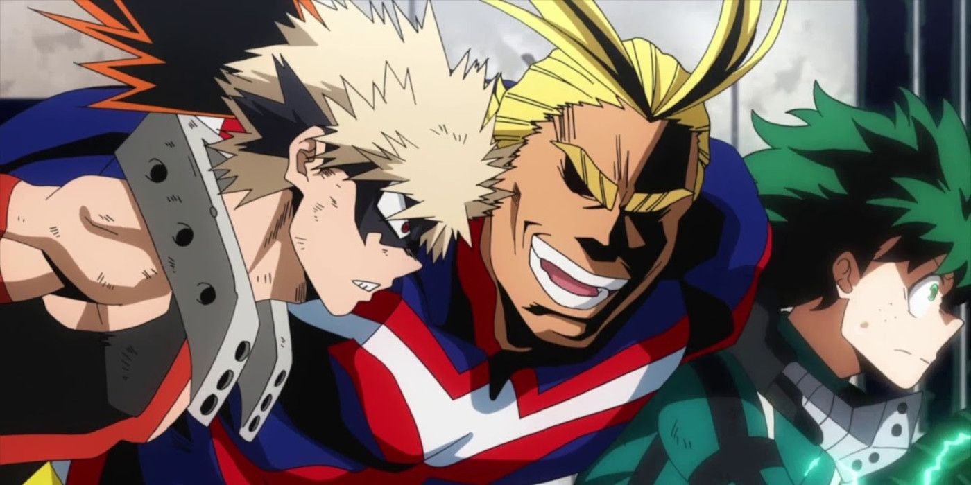 All Might flying in between Deku and Bakugo in My Hero Academia