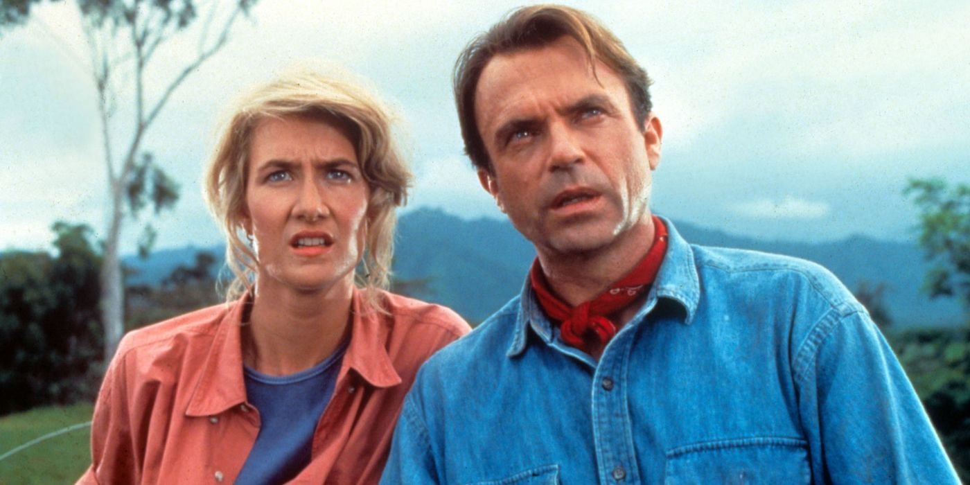 Alan (Sam Neill) and Ellie (Laura Dern) admiring Jurassic Park's magnificence