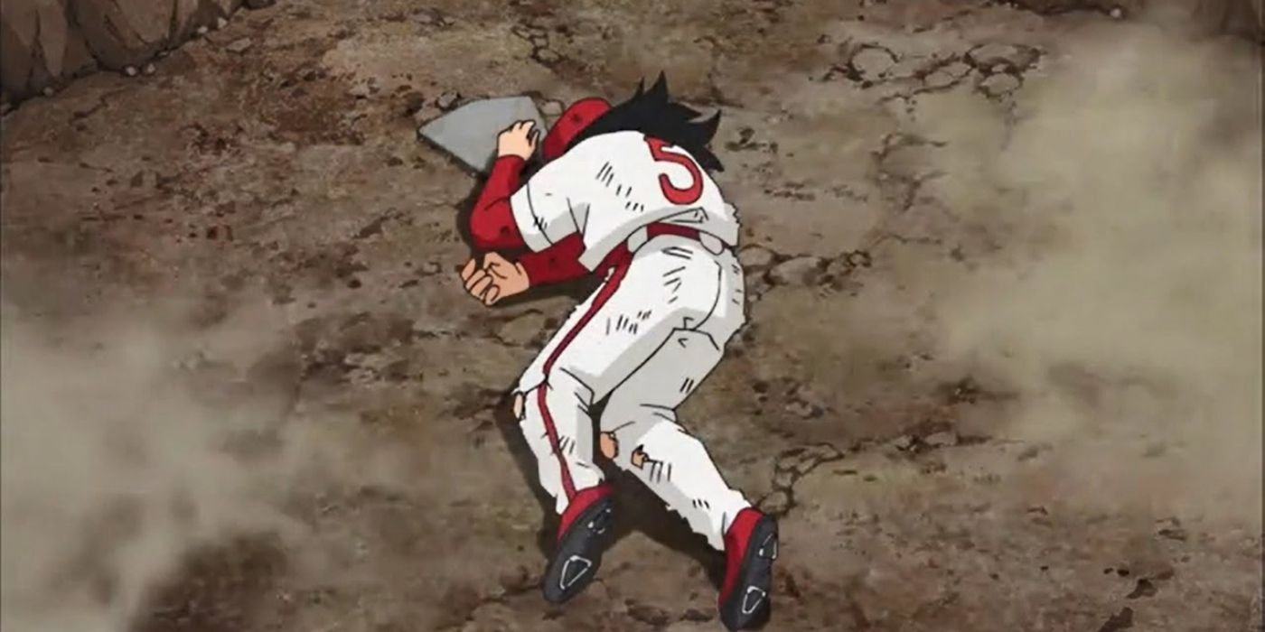 Yamcha recreating his iconic death pose in Dragon Ball Super except now he's wearing a baseball outfit.