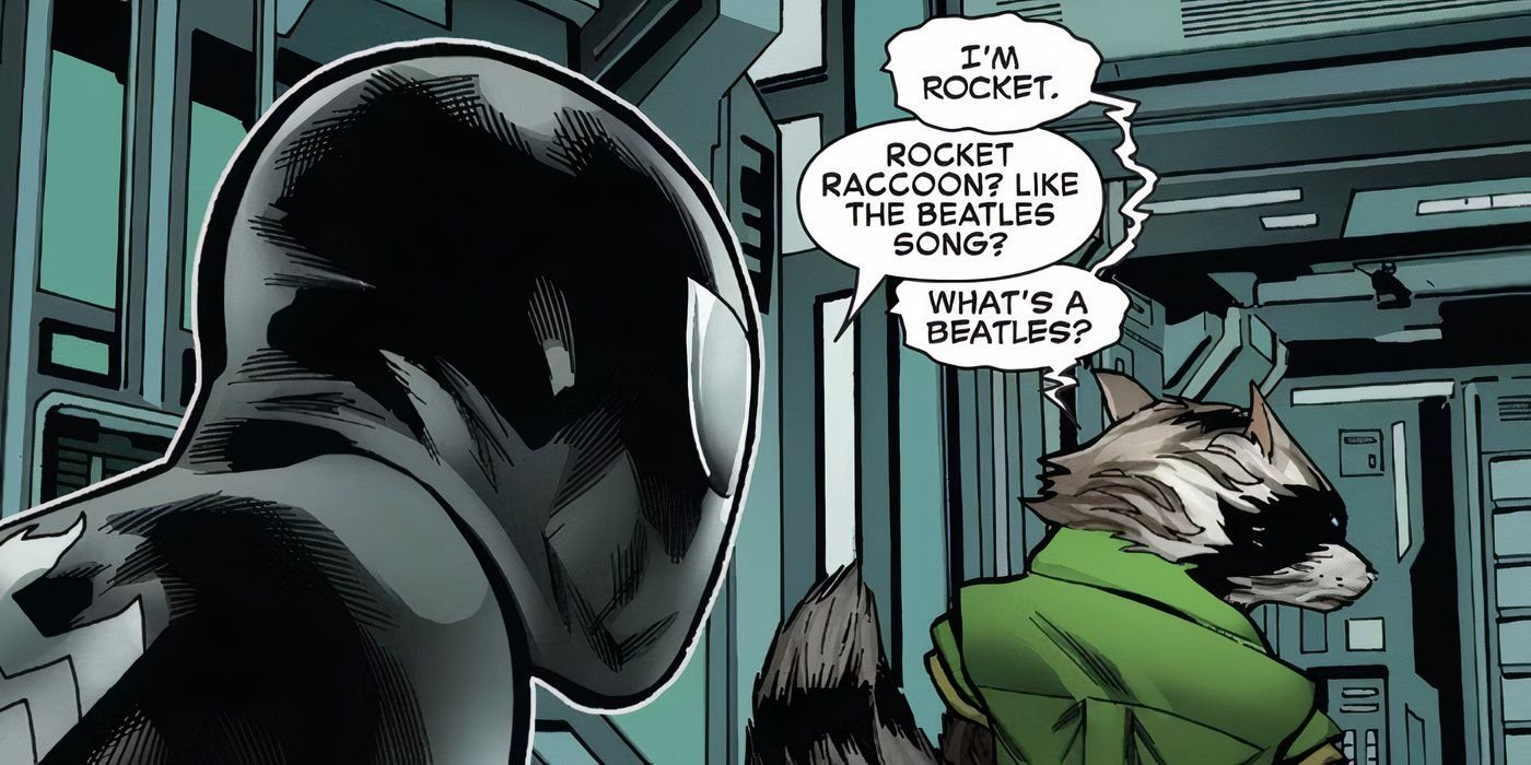 Spider-Man asking if Rocket Raccoon's name was inspired by a Beatles song.