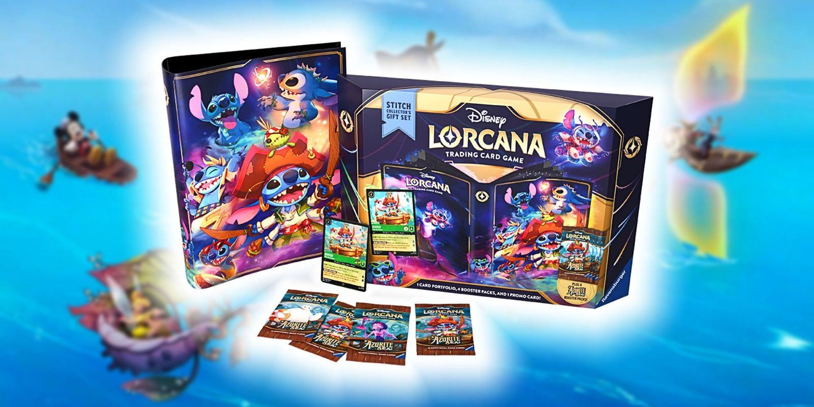 Azurite Sea Cards You'll Want ASAP 2 Disney Lorcana's Stitch Gift Set, including booster packs and a portfolio, in front of a background depicting several ships at sea containing Disney characters like Mickey Mouse and Pooh.
