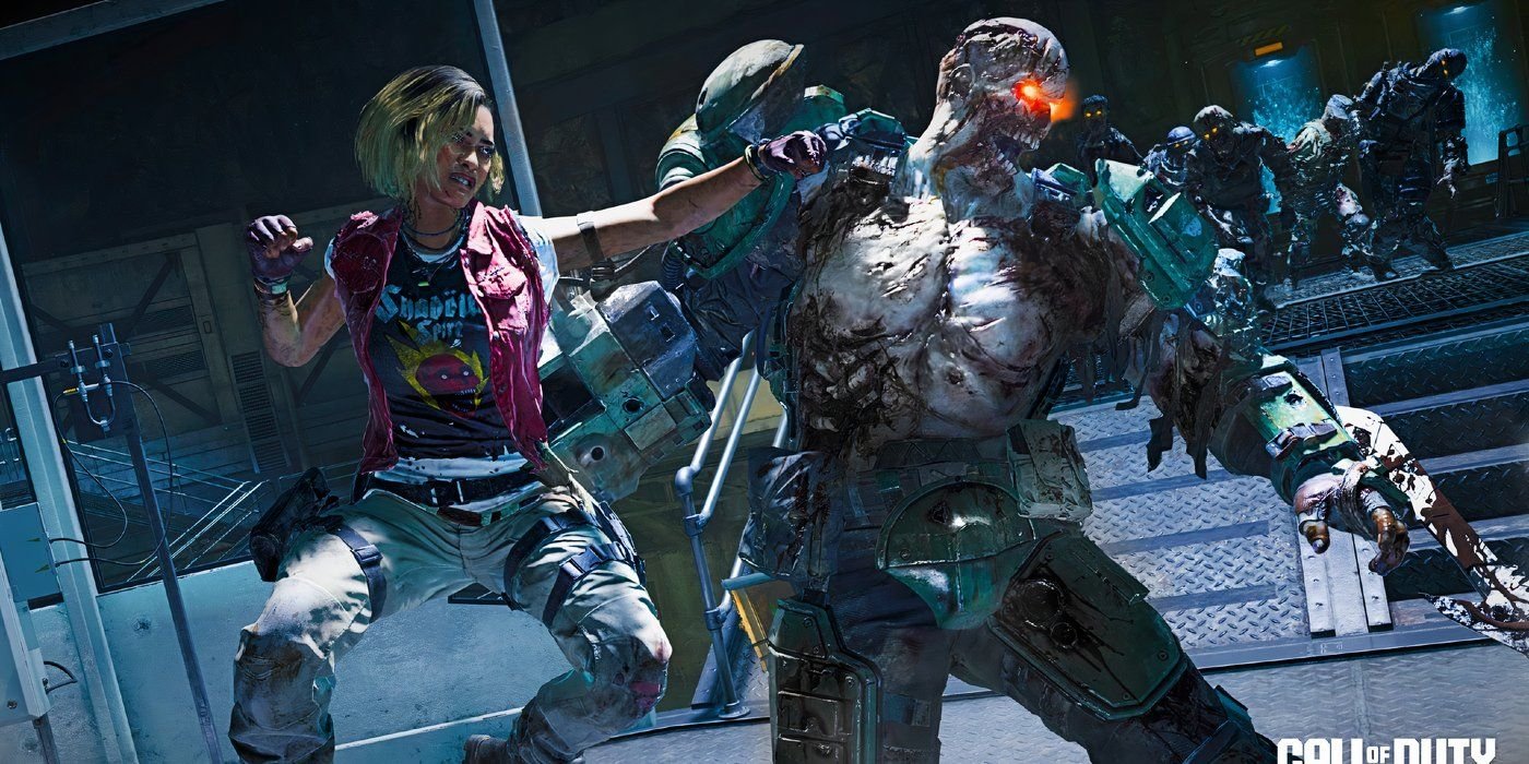 A Call of Duty Black Ops 6 operator leaping into the air and punching an armored zombie while more approach in the background.