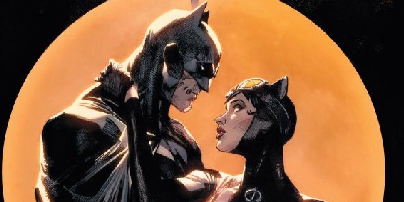 Batman and Catwoman in an orange circle.