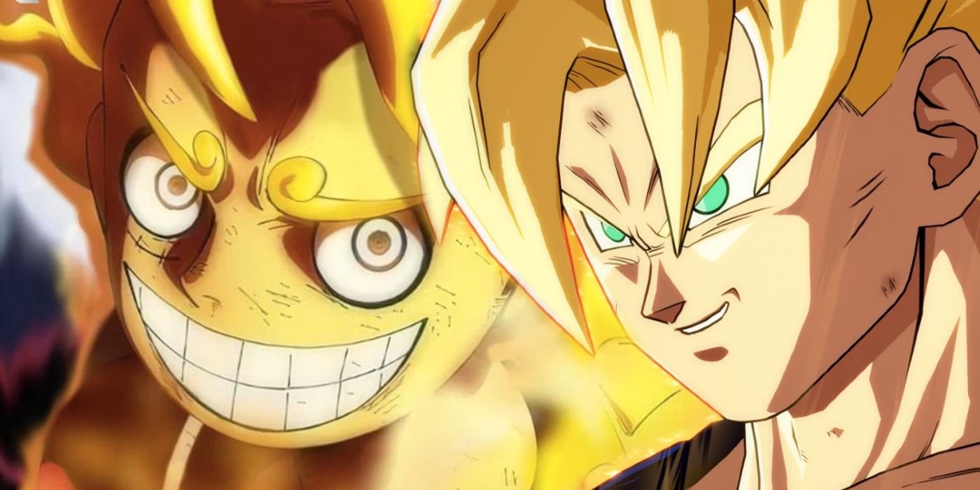 Edited image of One Piece Gear 5 Luffy with a golden color scheme on the left with Goku from Dragon Ball smiling in Super Saiyan form on the right.