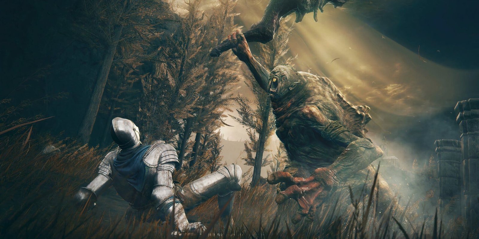 A bloodfiend swings a club at a heavily-armored player character in a screenshot from Elden Ring's DLC.